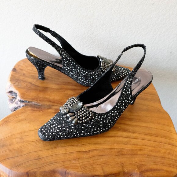 Pierre Dumas Black Glitter Slingback Heels Size 11 Rhinestone Embellished Shoes - Picture 2 of 10